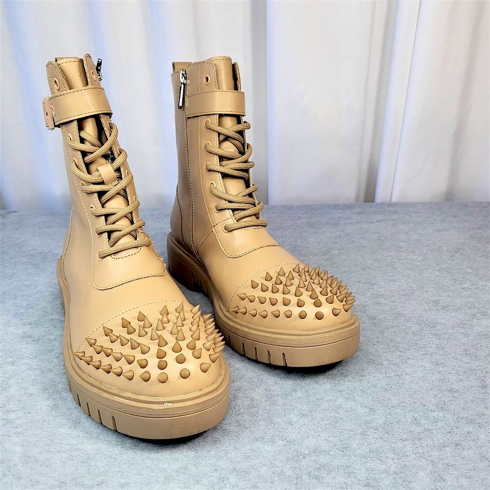 Cape Robbin Bitten Nude Spiked Combat Moto Punk Ankle Boots - Picture 2 of 6